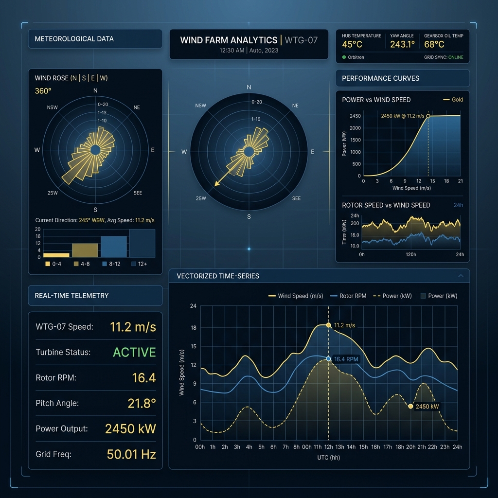 WRA Wind Farm telemetry analytics dashboard built to monitor rotor RPM, pitch angles, and vectorized wind data.